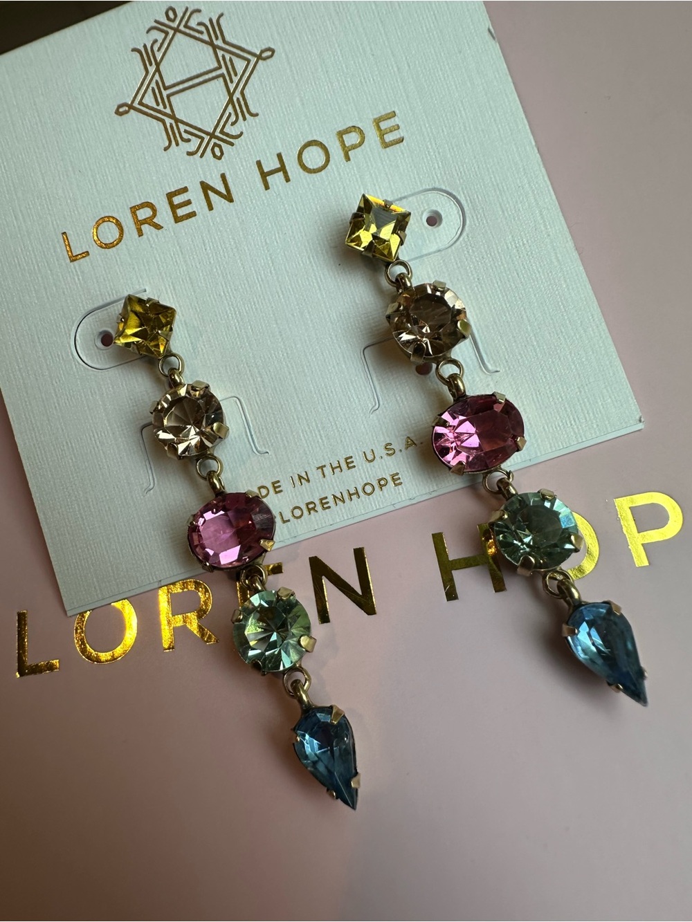 Loren Hope Pink, Blue, Green and Champagne Crystal Drop Linear Earrings